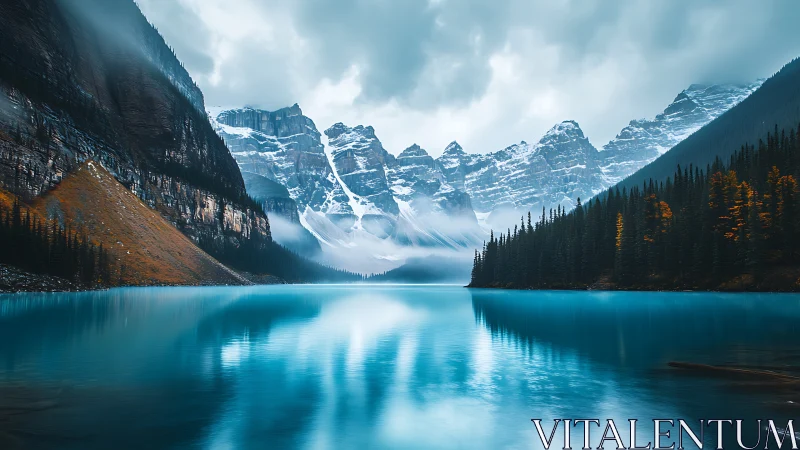 Turquoise mountain lake framed by snow peaks and pines.