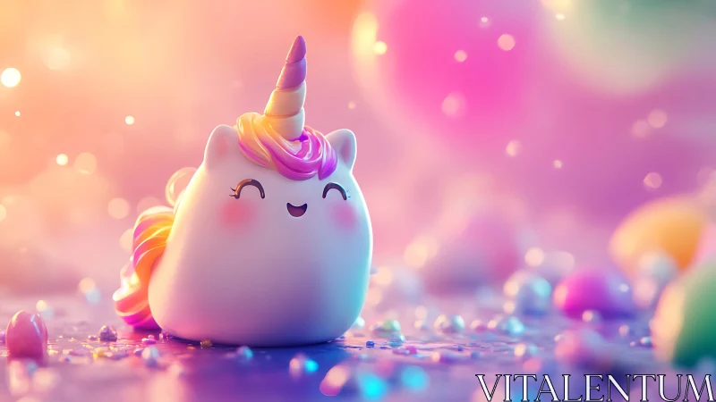 Chibi unicorn figurine sits on glitter surface in bokeh light