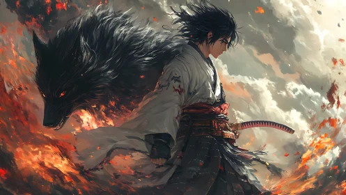 Samurai warrior with spectral wolf rendered in dynamic flames