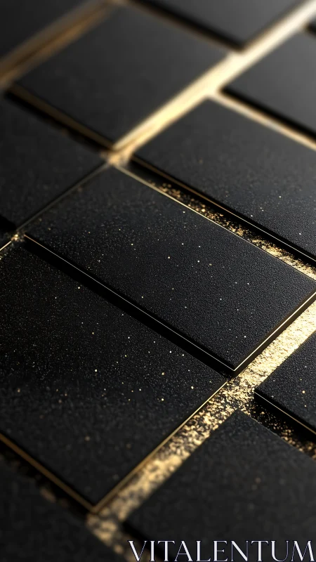 Rectangular black tiles intersect with narrow gold seams