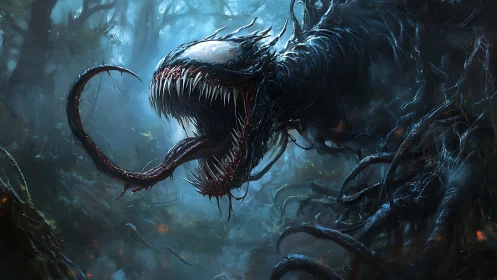 Biomechanical symbiote creature extends tendrils through foggy forest