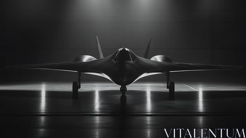 Sleek stealth jet waits in a shadowy hangar, ready for flight