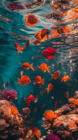 Vibrant coral reef with orange fish beneath rippled surface.