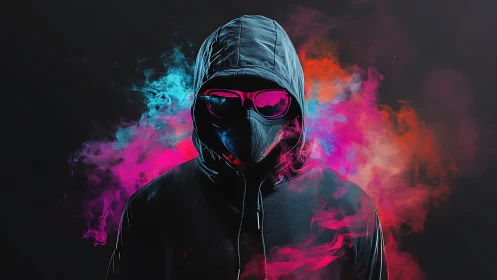 Masked hooded figure in neon smoke cloud on dark backdrop.