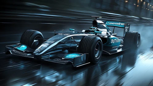 Sleek racing car charges through wet city streets at speed