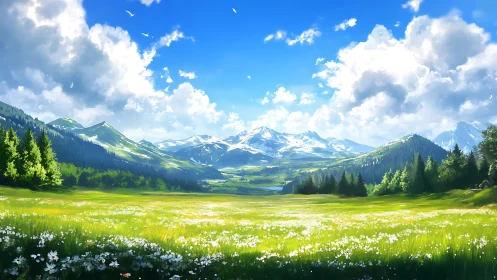 Sunlit alpine meadow unfurls before radiant snowy peaks.