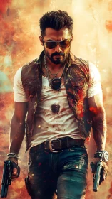 Armed male figure walking forward in fiery urban backdrop.