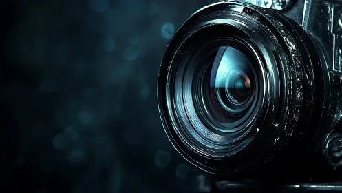 Macro camera lens closeup with cool cinematic reflections.