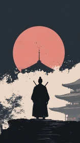 Lone samurai watches ink-splashed temple sunrise in silence.