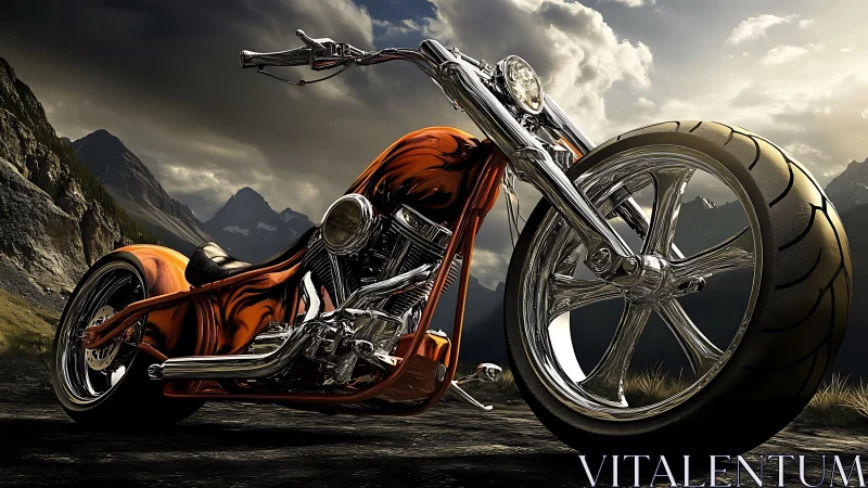 Custom orange chopper motorcycle under dramatic alpine sky.
