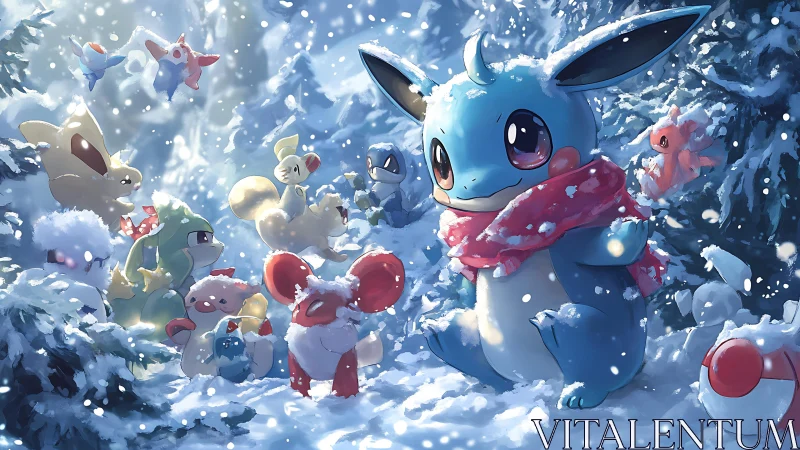 Winter forest gathering of stylized creatures in snowfall.