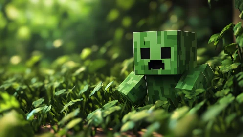 Voxel creeper entity amid depth‑mapped forest foliage.