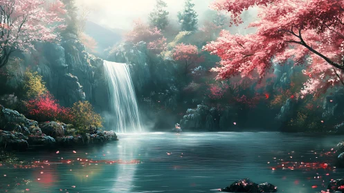High dynamic range waterfall scene with misted lake and chromatic foliage