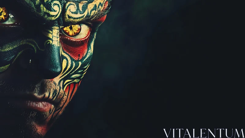 Masked portrait isolates luminous eyes in high-contrast closeup