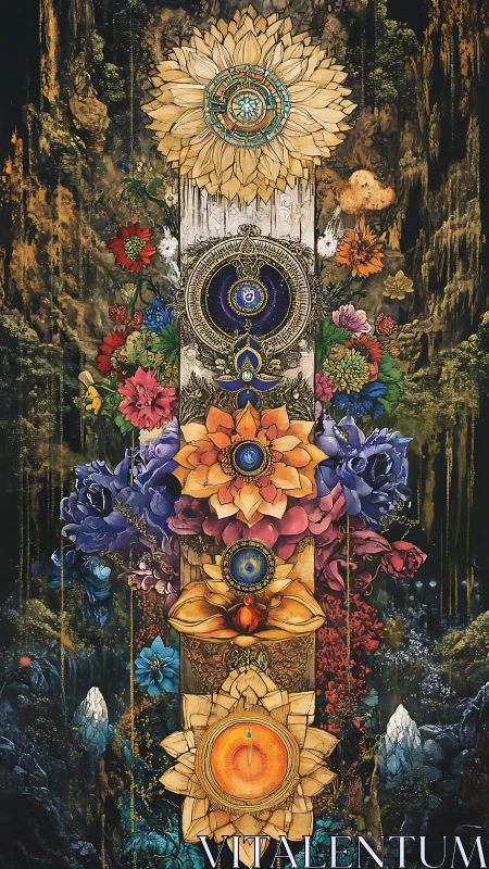 Layered celestial mandalas blooming in jeweled florals.