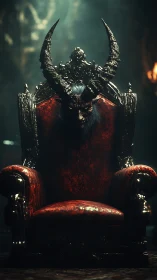 Demonic horned figure seated on ornate crimson throne.