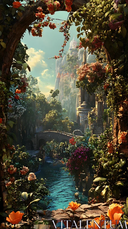Verdant river gorge framing luminous cliffside citadel.