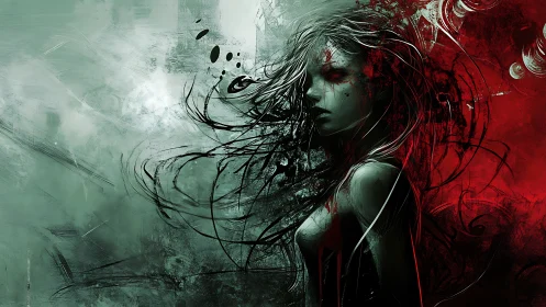 Bipolar digital portrait divides ethereal figure in red and teal