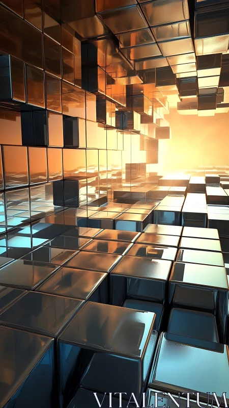 Geometric metallic cubes in reflective abstract corridor.