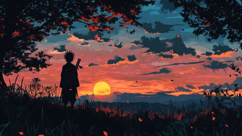 Silhouetted swordsman stands before layered sunset sky