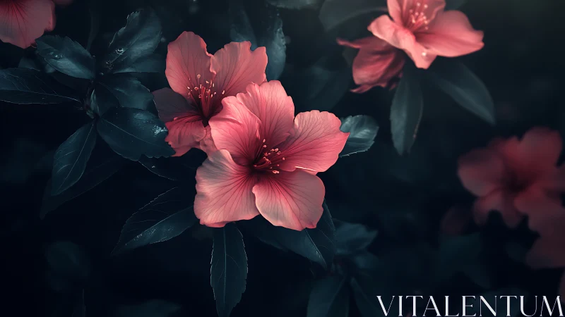 Pink Hibiscus Blooms in Moody Garden Light.