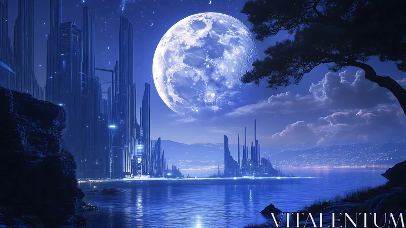 Moonrise over Neon Tides: Silent Skyline at Midnight.