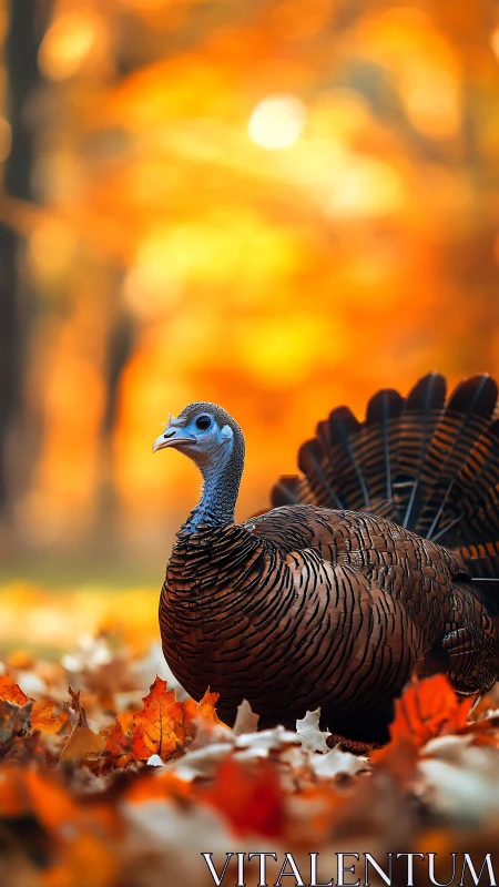 Wild turkey in sharp focus against bright autumn foliage.