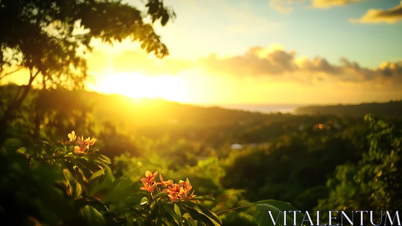 Sunlit tropical hills glow above flowers at golden hour.