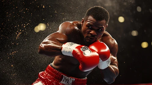 Boxer in red and white gloves executes punch with water particles.