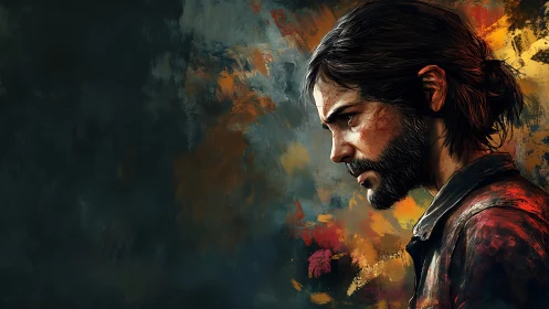 Brooding bearded man in profile against abstract colors.