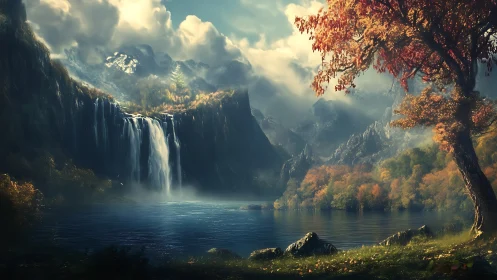 Waterfall and autumn tree in dramatic mountain valley.