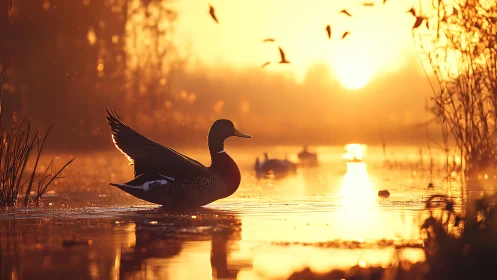 Duck on tranquil lake at sunrise in warm golden light, nature scene.