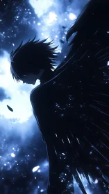 Silhouetted dark angel framed by radiant cosmic backlight.