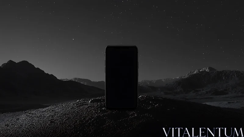 Starlit smartphone monolith rising over silent lunar ridges.
