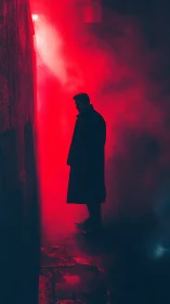 Solitary figure pauses in neon red fogged alley at night
