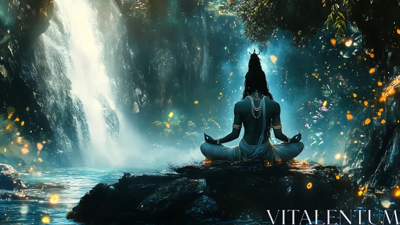 Figure sits cross legged before waterfall in dense forest