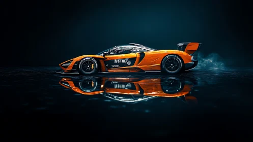 Low-slung orange endurance race car on wet reflective studio floor