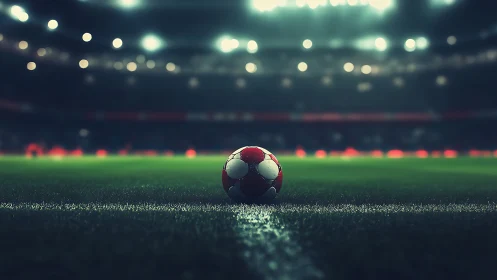 Low-angle stadium shot isolates red match ball on damp white line