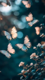 Luminous white butterflies drifting through teal bokeh dusk.