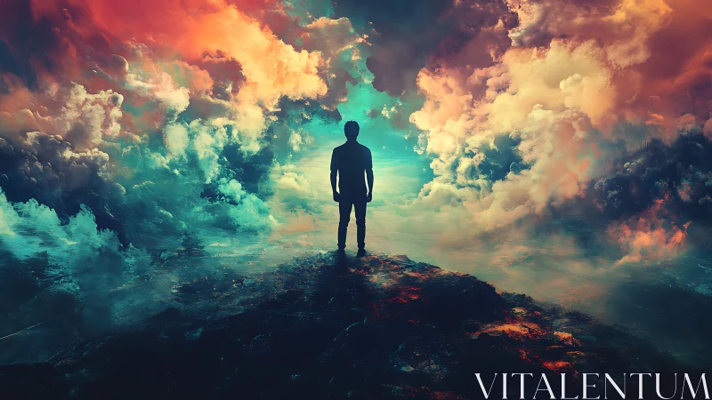 Solitary figure stands between fiery and teal dream clouds.