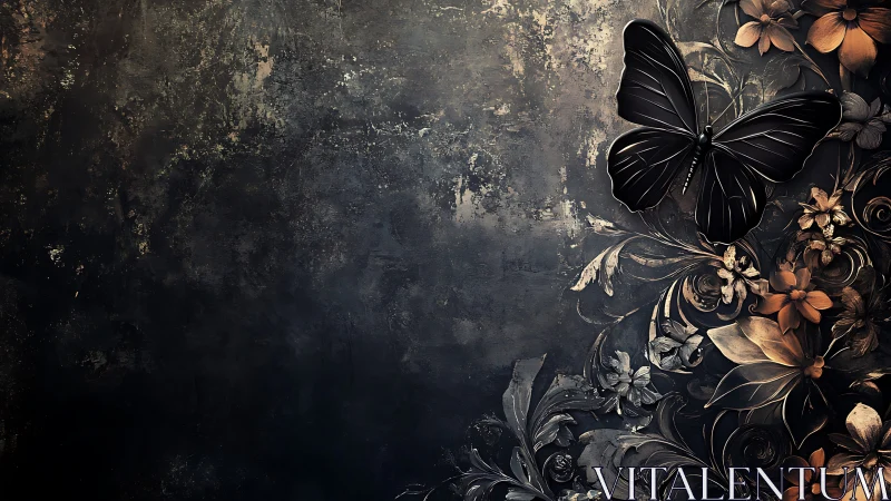 High-contrast black butterfly over metallic floral relief on dark wall
