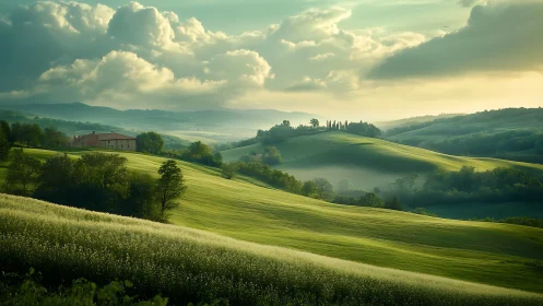 Sunlit green hills rolling toward a quiet country farmhouse.