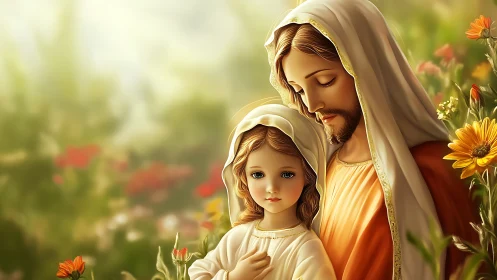 Digital painting depicts robed adult and child in soft garden setting