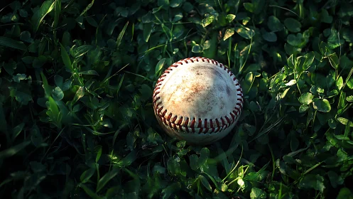 Used baseball resting on dark green grass in evening light.