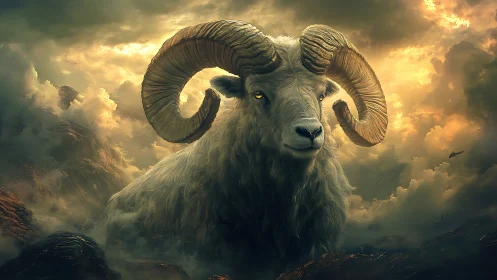 Colossal ram deity rendered in high-detail atmospheric fantasy lighting