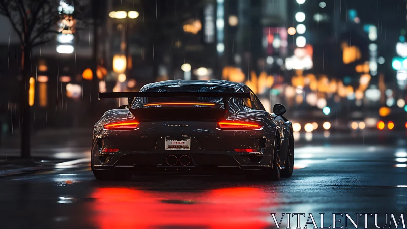 Supercar rear view cuts through neon city rain reflections.