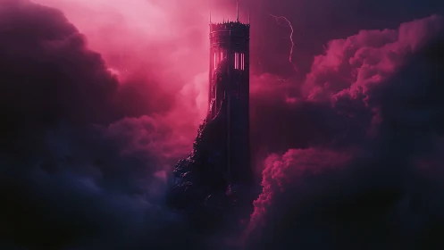 Vertical stone tower structure rises through dense magenta clouds