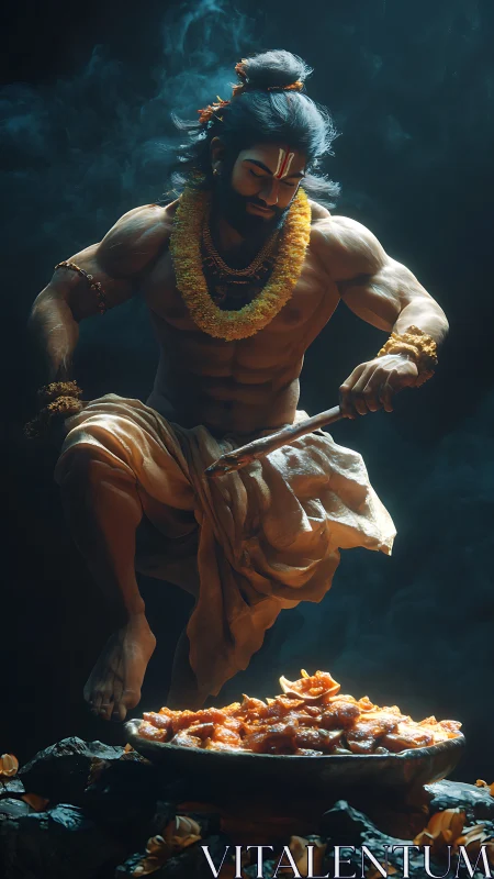 Divine warrior-chef stirs sacred sweets in smoky light