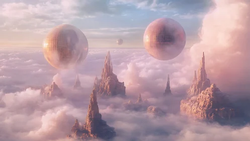 Surreal cloudscape with mirrored spheres and spired monoliths.