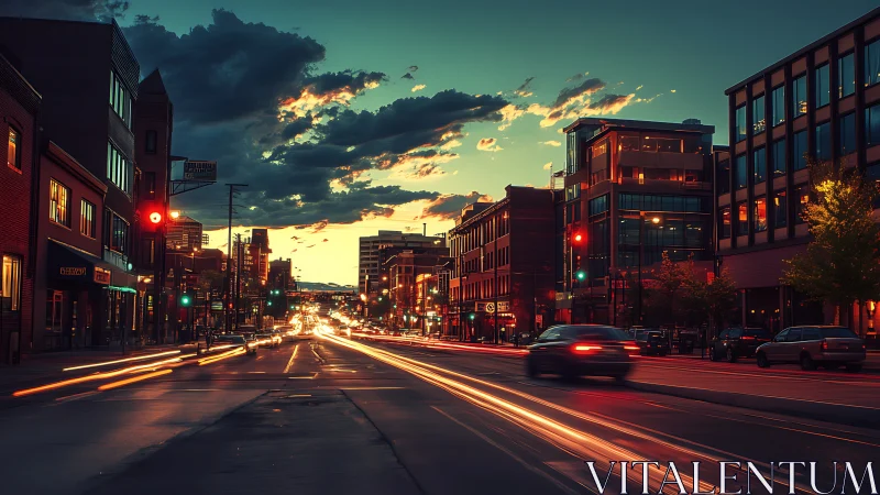 Photorealistic dusk city boulevard with dynamic light trails.